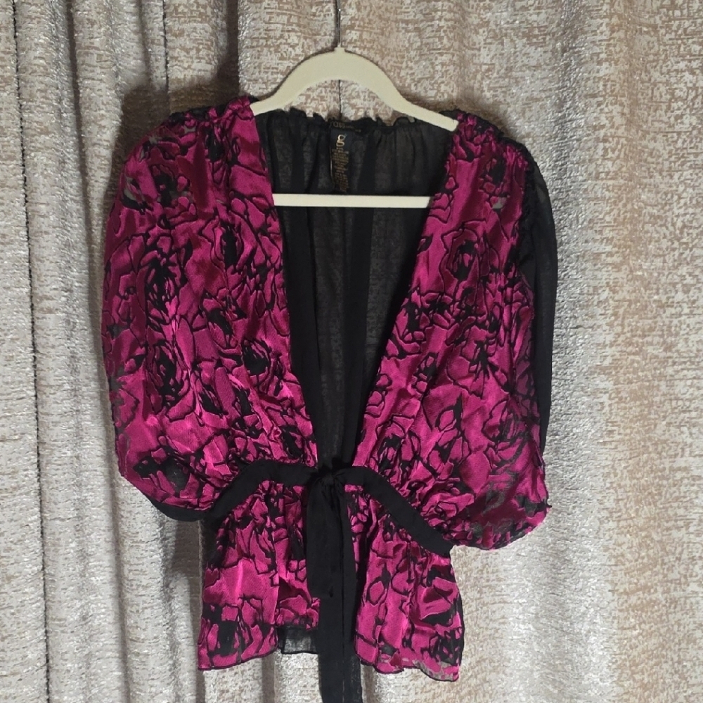 grass collection Magenta and Black Floral Sheer Tie-Front Top
